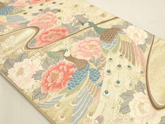 平和屋本店▼六通柄袋帯 唐織 孔雀花文 24K純金箔錦 正絹 逸品 DABL7563sf