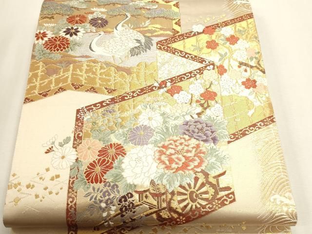 平和屋本店▼六通柄袋帯 唐織 華宝錦 群れ鶴花車文 本金箔 正絹 逸品 DABL7574sf