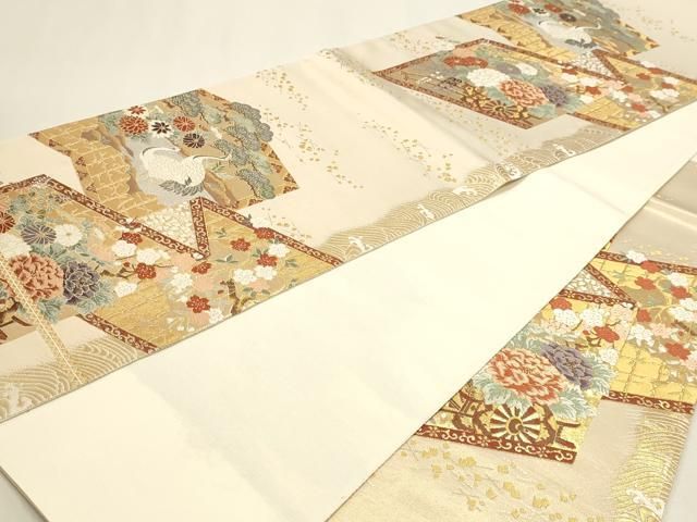 平和屋本店▼六通柄袋帯 唐織 華宝錦 群れ鶴花車文 本金箔 正絹 逸品 DABL7574sf