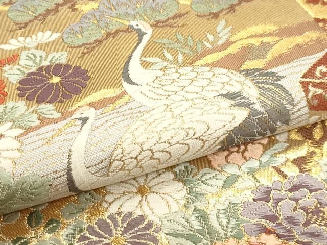 平和屋本店▼六通柄袋帯 唐織 華宝錦 群れ鶴花車文 本金箔 正絹 逸品 DABL7574sf