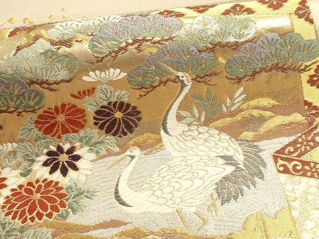 平和屋本店▼六通柄袋帯 唐織 華宝錦 群れ鶴花車文 本金箔 正絹 逸品 DABL7574sf