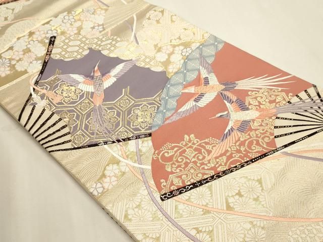 平和屋本店▼六通柄袋帯 唐織 九百錦袋 扇面花鳥文 純金箔 正絹 逸品 DABL7582sf