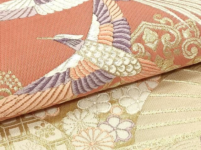 平和屋本店▼六通柄袋帯 唐織 九百錦袋 扇面花鳥文 純金箔 正絹 逸品 DABL7582sf