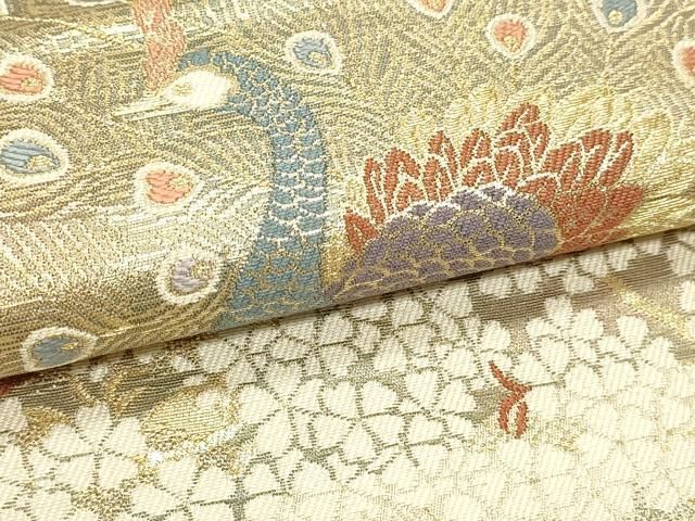 平和屋本店▼六通柄袋帯 屏風絵孔雀紋 純金箔 正絹 逸品 DABL7604sf