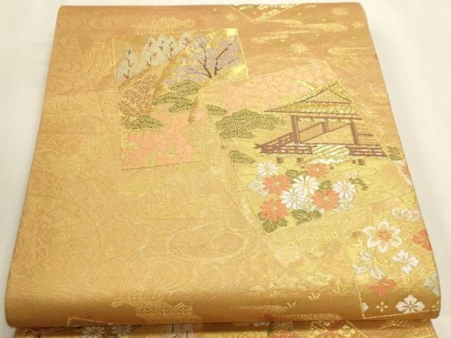 平和屋本店▼六通柄袋帯 色紙風景文 純金箔二重織 正絹 逸品 DABL7628sf