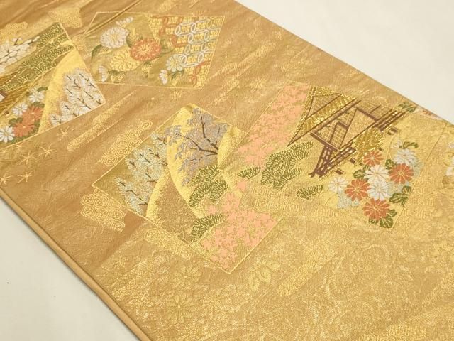 平和屋本店▼六通柄袋帯 色紙風景文 純金箔二重織 正絹 逸品 DABL7628sf