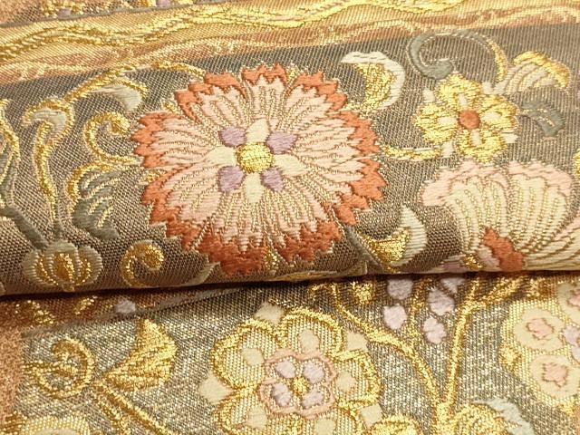 平和屋本店▼六通柄袋帯 唐織 更紗花文 うるし箔 本金箔 正絹 逸品 DABL7636sf