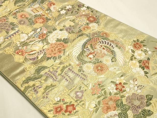 平和屋本店▼六通柄袋帯 唐織 花鳥亀甲文 本金箔 正絹 逸品 DABL7638sf