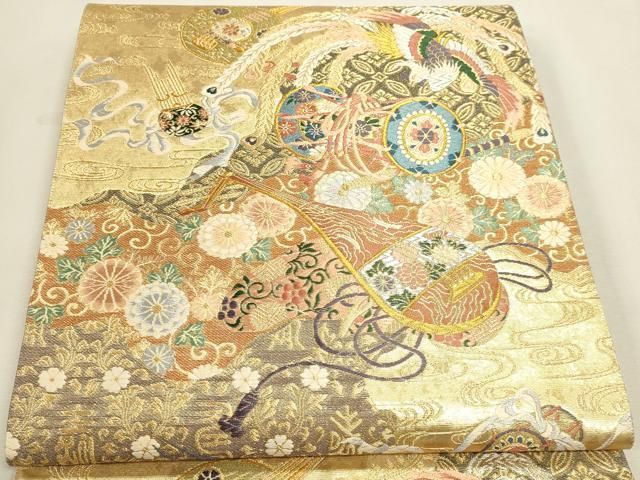平和屋本店▼六通柄袋帯 鳳凰楽器花文 本金箔 正絹 逸品 DABL7639sf