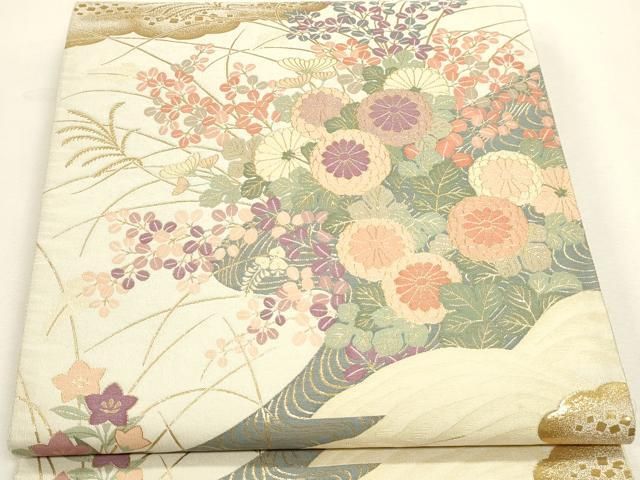 平和屋本店▼六通柄袋帯 紹巴 裳彩優美文 純金箔24k 正絹 逸品 DABL7643sf