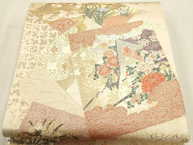 平和屋本店▼六通柄袋帯 色紙御所車文 九百本金弐重織 正絹 逸品 DABL7770sf
