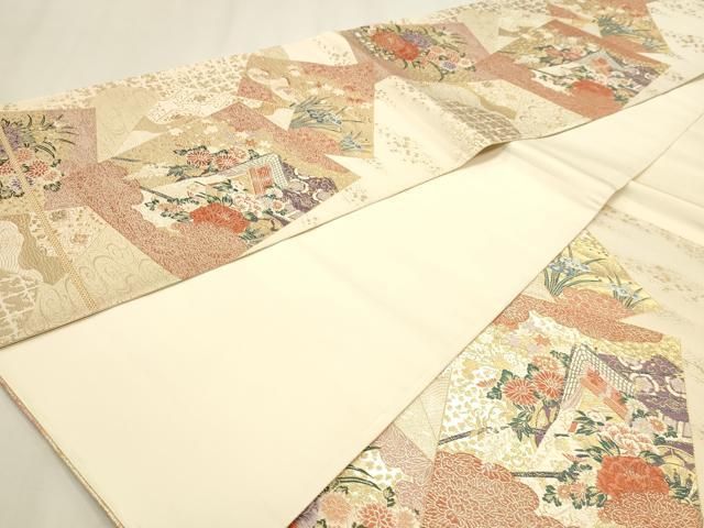 平和屋本店▼六通柄袋帯 色紙御所車文 九百本金弐重織 正絹 逸品 DABL7770sf