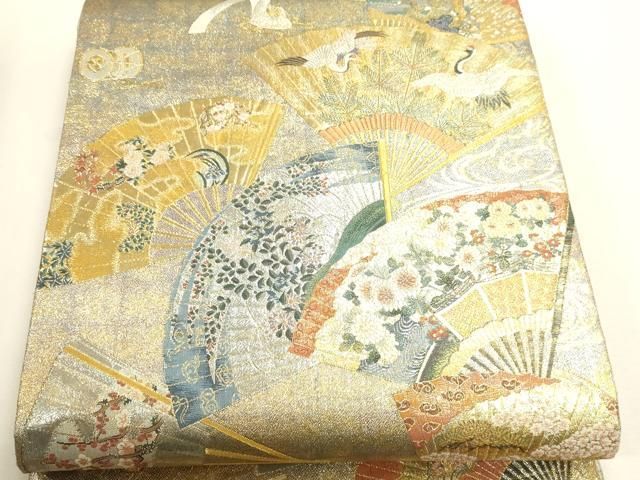 平和屋本店▼極上 西陣あさぎ 両面 全通全景柄袋帯 徳川美術館秘蔵 能楽百扇 24金プラチナ二重箔 正絹 逸品 DABL7781sf