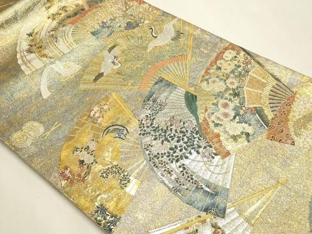 平和屋本店▼極上 西陣あさぎ 両面 全通全景柄袋帯 徳川美術館秘蔵 能楽百扇 24金プラチナ二重箔 正絹 逸品 DABL7781sf