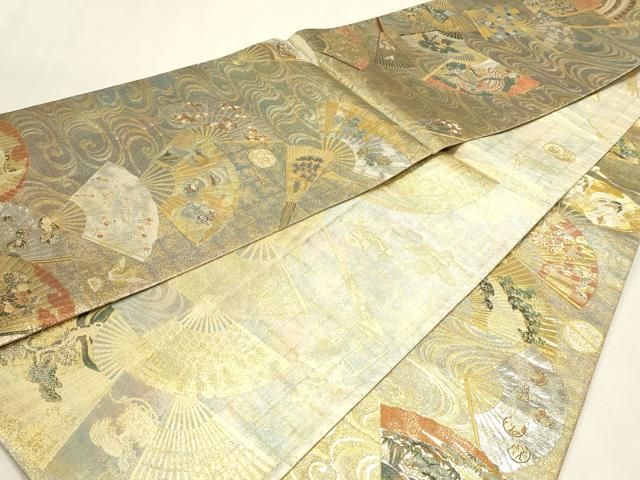 平和屋本店▼極上 西陣あさぎ 両面 全通全景柄袋帯 徳川美術館秘蔵 能楽百扇 24金プラチナ二重箔 正絹 逸品 DABL7781sf