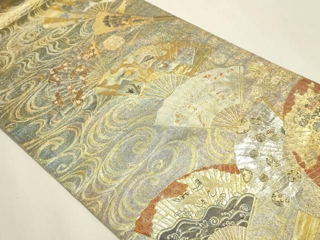 平和屋本店▼極上 西陣あさぎ 両面 全通全景柄袋帯 徳川美術館秘蔵 能楽百扇 24金プラチナ二重箔 正絹 逸品 DABL7781sf