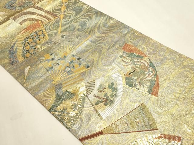 平和屋本店▼極上 西陣あさぎ 両面 全通全景柄袋帯 徳川美術館秘蔵 能楽百扇 24金プラチナ二重箔 正絹 逸品 DABL7781sf