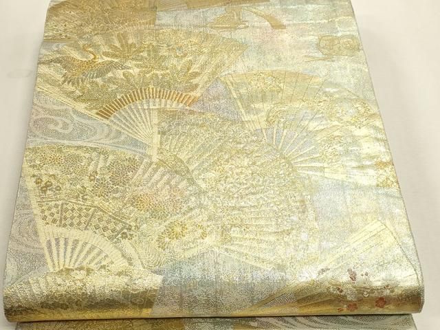平和屋本店▼極上 西陣あさぎ 両面 全通全景柄袋帯 徳川美術館秘蔵 能楽百扇 24金プラチナ二重箔 正絹 逸品 DABL7781sf