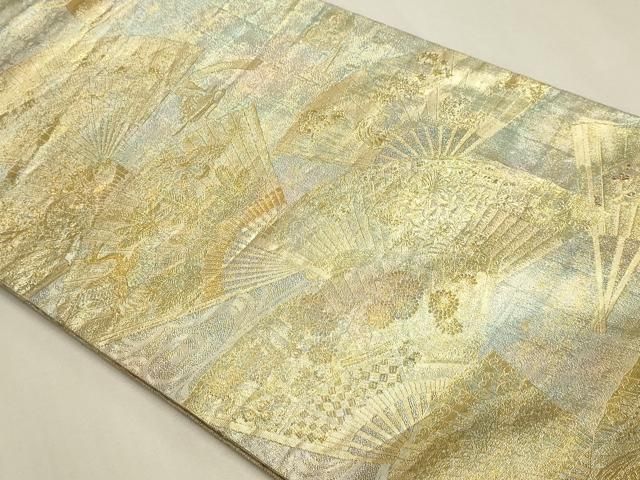 平和屋本店▼極上 西陣あさぎ 両面 全通全景柄袋帯 徳川美術館秘蔵 能楽百扇 24金プラチナ二重箔 正絹 逸品 DABL7781sf