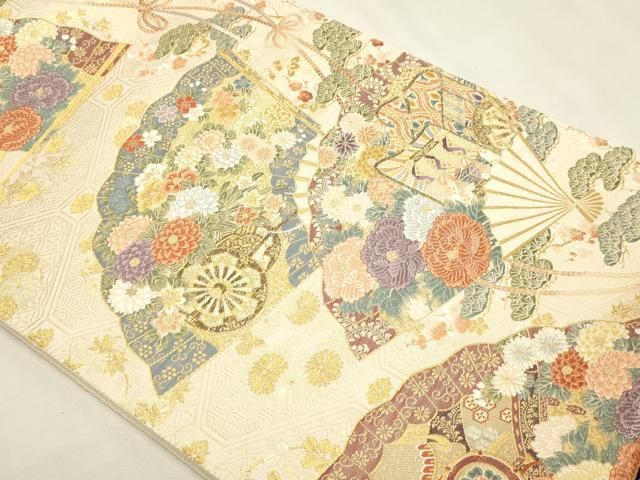 平和屋本店▼六通柄袋帯 唐織 扇面散し文 本金二重箔 正絹 逸品 DABL7782sf