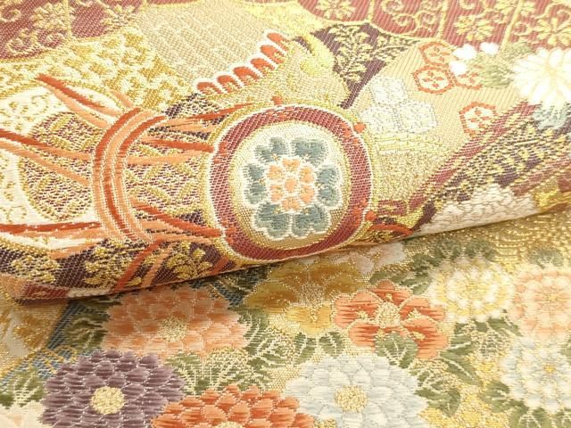 平和屋本店▼六通柄袋帯 唐織 扇面散し文 本金二重箔 正絹 逸品 DABL7782sf