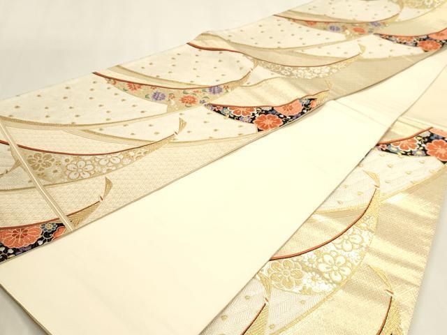 平和屋本店▼六通柄袋帯 唐織 九百錦 孔雀花文 本金箔 正絹 逸品 DABL7786sf