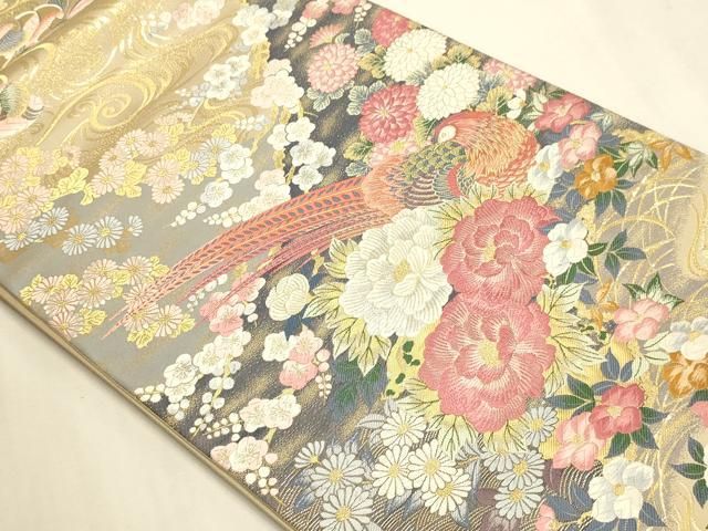 平和屋本店▼本加賀友禅作家 百貫華峰 美しいキモノ お馴染みのメーカー となみ織物 六通柄袋帯 孔雀花文 純金箔 短冊付き 逸品 DABL7787sf