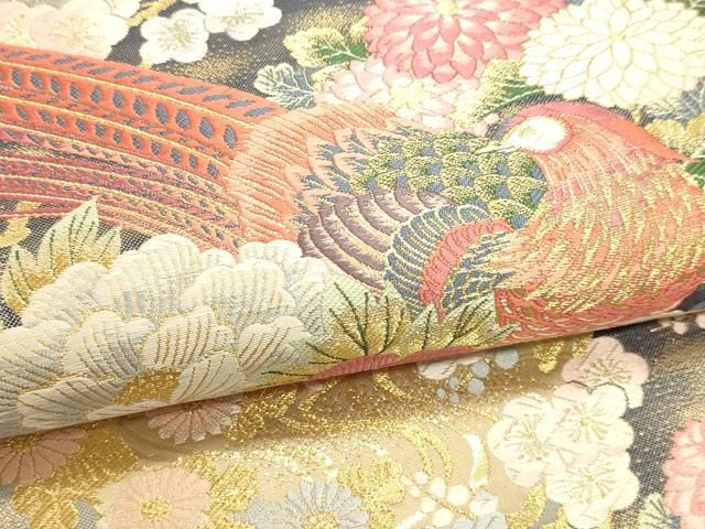平和屋本店▼本加賀友禅作家 百貫華峰 美しいキモノ お馴染みのメーカー となみ織物 六通柄袋帯 孔雀花文 純金箔 短冊付き 逸品 DABL7787sf