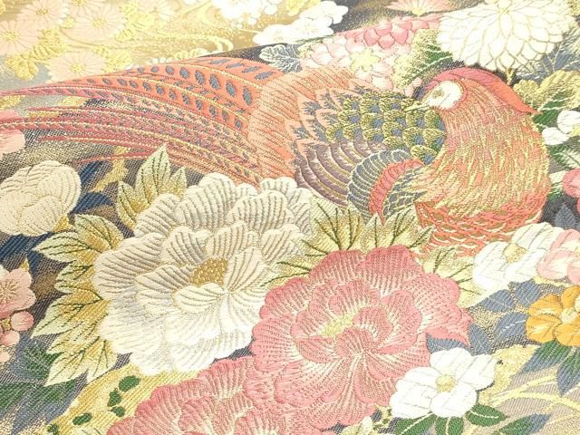 平和屋本店▼本加賀友禅作家 百貫華峰 美しいキモノ お馴染みのメーカー となみ織物 六通柄袋帯 孔雀花文 純金箔 短冊付き 逸品 DABL7787sf