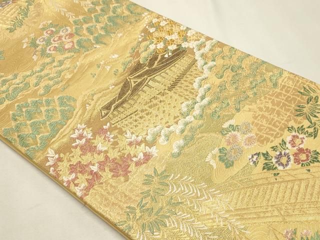 平和屋本店▼六通柄袋帯 風景草花文 本金箔 プラチナ箔 正絹 逸品 DABL7793sf
