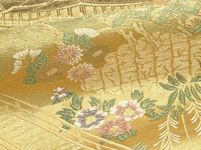 平和屋本店▼六通柄袋帯 風景草花文 本金箔 プラチナ箔 正絹 逸品 DABL7793sf