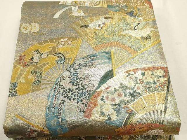 平和屋本店▼西陣あさぎ 両面 全通全景柄袋帯 徳川美術館秘蔵 能楽百扇 本金プラチナ 分析通知書付き 正絹 逸品 DABL7796sf