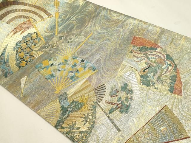 平和屋本店▼西陣あさぎ 両面 全通全景柄袋帯 徳川美術館秘蔵 能楽百扇 本金プラチナ 分析通知書付き 正絹 逸品 DABL7796sf
