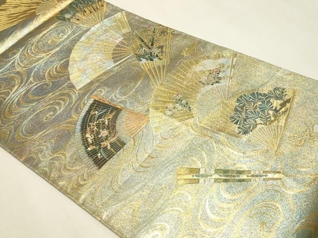 平和屋本店▼西陣あさぎ 両面 全通全景柄袋帯 徳川美術館秘蔵 能楽百扇 本金プラチナ 分析通知書付き 正絹 逸品 DABL7796sf