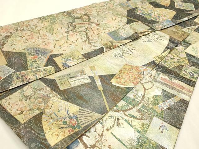 平和屋本店▼西陣あさぎ 丸帯 日本絵画全集 プラチナ本金箔 壱仟八百口織 さが美扱い 正絹 逸品 DABL7798sf