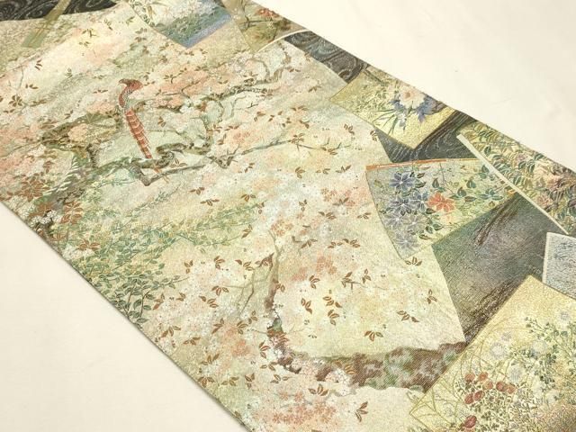 平和屋本店▼西陣あさぎ 丸帯 日本絵画全集 プラチナ本金箔 壱仟八百口織 さが美扱い 正絹 逸品 DABL7798sf