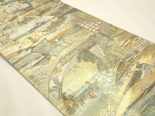 平和屋本店▼西陣あさぎ 丸帯 慶重 名所大江戸百景 二十四金プラチナ二重箔 正絹 逸品 DABL7821sf