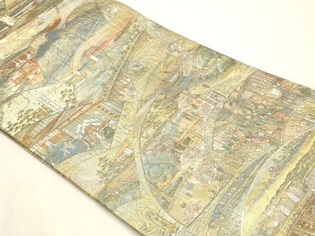 平和屋本店▼西陣あさぎ 丸帯 慶重 名所大江戸百景 二十四金プラチナ二重箔 正絹 逸品 DABL7821sf