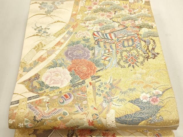 平和屋本店▼六通柄袋帯 唐織 御所車花文 本金箔 正絹 逸品 DABL7823sf