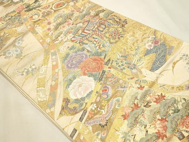 平和屋本店▼六通柄袋帯 唐織 御所車花文 本金箔 正絹 逸品 DABL7823sf