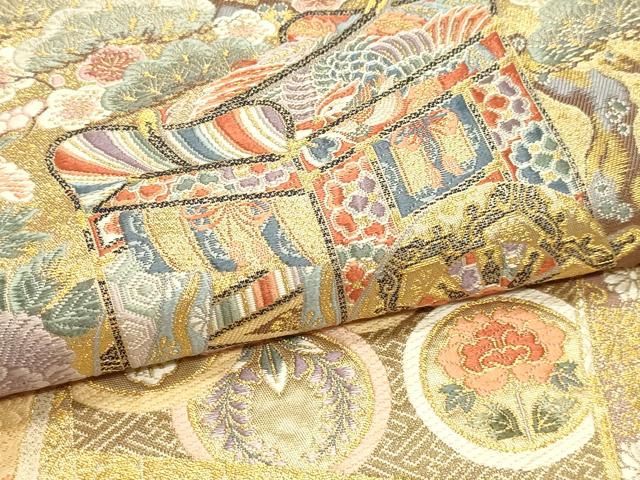 平和屋本店▼六通柄袋帯 唐織 御所車花文 本金箔 正絹 逸品 DABL7823sf