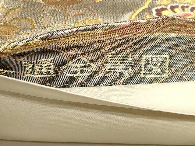平和屋本店▼全通全景柄袋帯 双鶴正倉院花文 本金プラチナ箔 正絹 逸品 DABL7837sf
