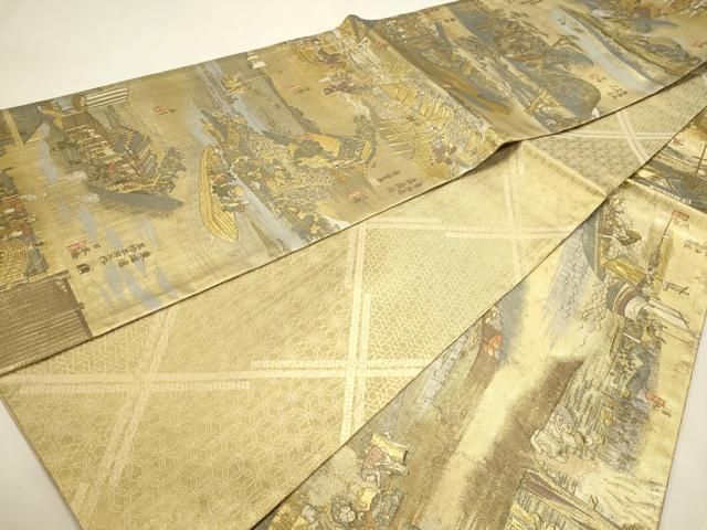 平和屋本店▼西陣あさぎ 全通全景柄袋帯 東海道五拾三次 24金プラチナ二重箔 正絹 逸品 DABL7863sf