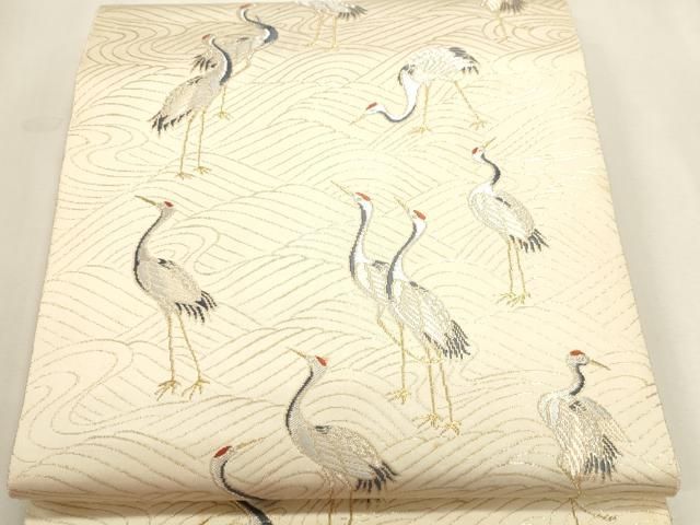 平和屋本店▼六通柄袋帯 流水群鶴文 純金箔 正絹 逸品 DABL7866sf