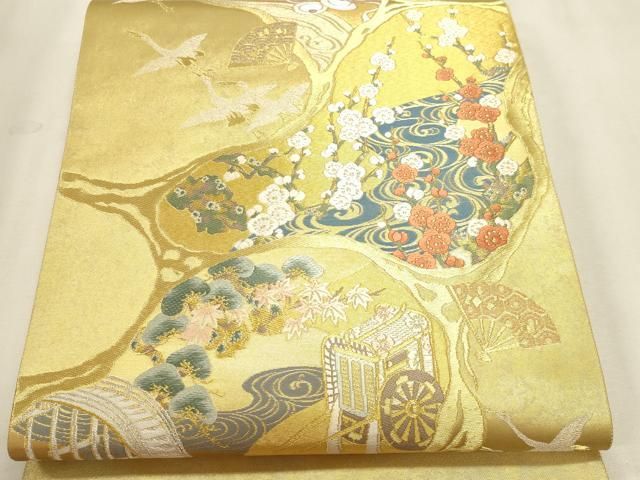 平和屋本店▼西陣 藤林織物謹製 六通柄袋帯 琳派趣景文 本金箔 証紙付き 正絹 逸品 DABL7867sf