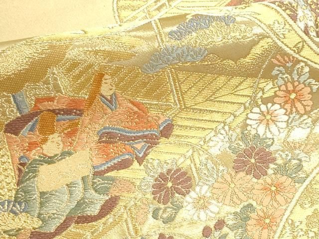 平和屋本店▼西陣 六通柄袋帯 王華 源氏物語貝合せ 本金箔 証紙付き 正絹 逸品 DABL7868sf