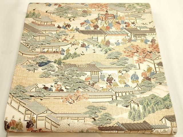 平和屋本店▼西陣 橋本テル織物謹製 六通柄袋帯 洛中絵巻 本金箔 証紙付き 正絹 逸品 DABL7877sf