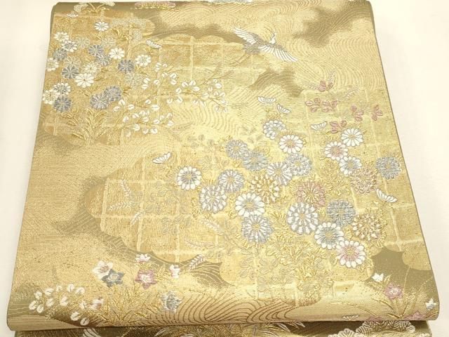 平和屋本店▼六通柄袋帯 松鶴流水文 純金箔二重織 正絹 逸品DABL7891sf