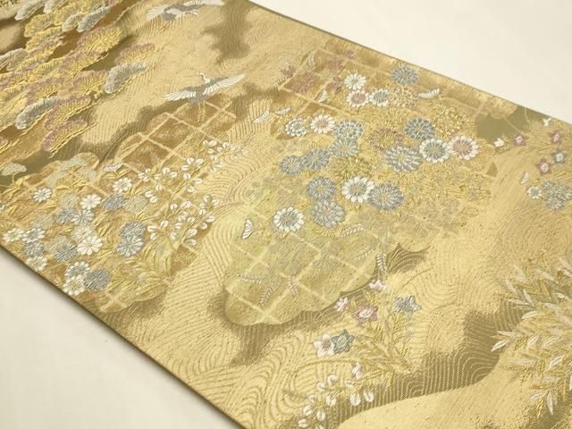 平和屋本店▼六通柄袋帯 松鶴流水文 純金箔二重織 正絹 逸品DABL7891sf