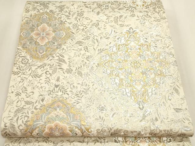 平和屋本店▼西陣 服部織物謹製 六通柄袋帯 花菱 プラチナ 本金箔 正絹 逸品 DABL7895sf